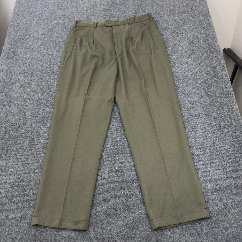 Feldini Dress Pants Men 38x32 Green Polyester Rayon Pleated Cuffed Classic Style